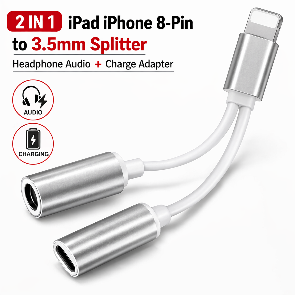 iPhone iPad 8-Pin to 3.5mm Splitter Headphone Audio Adapter Charge Cable