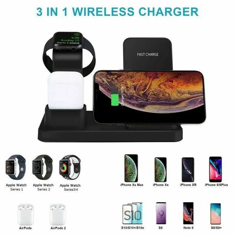 3in1 QI Wireless Charger Charging Station Dock for Apple Watch iPhone Android - AllTech