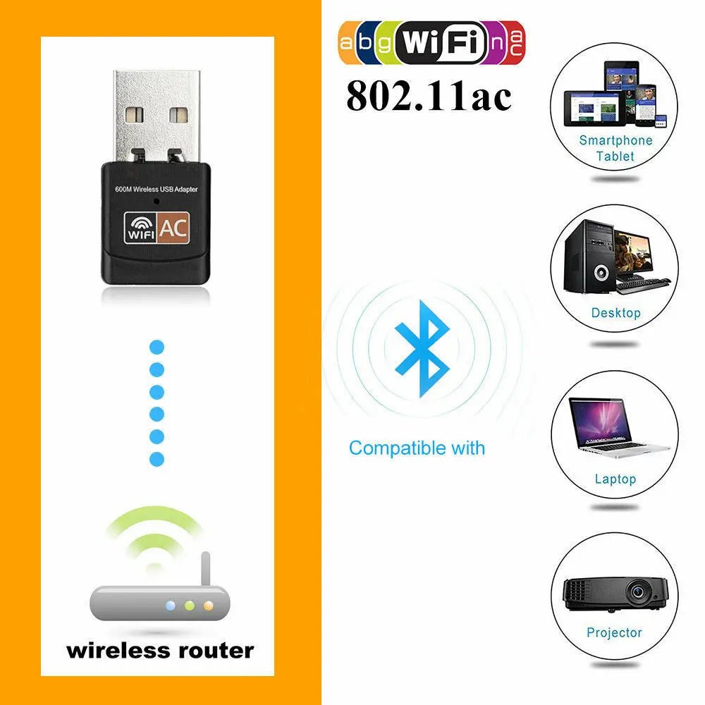 AC600 Dual Band WIFI Adapter USB Wireless Dongle Lan Network 600Mbps 2.4GHz 5GHz - AllTech