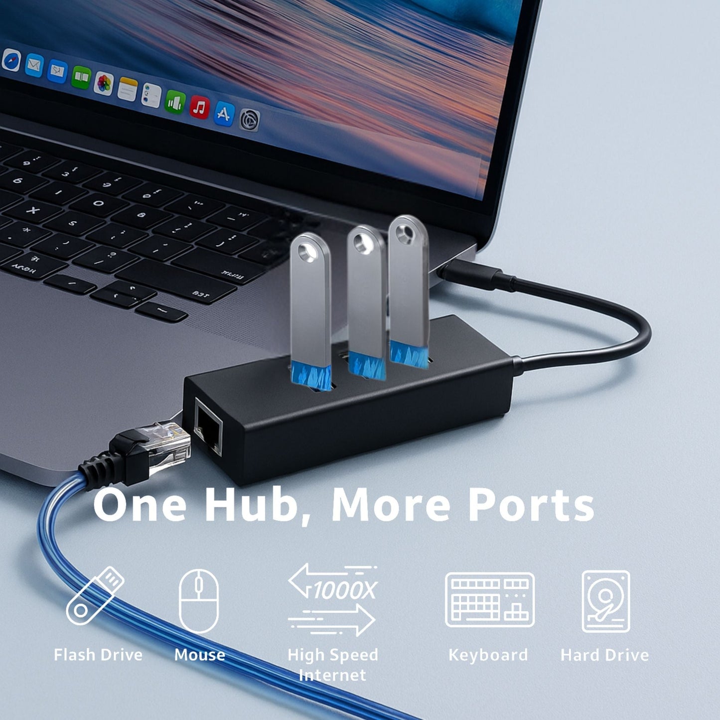 USB C Hub 3 Port Adapter Gigabit Ethernet Network RJ45 for MacBook PC Laptop - AllTech