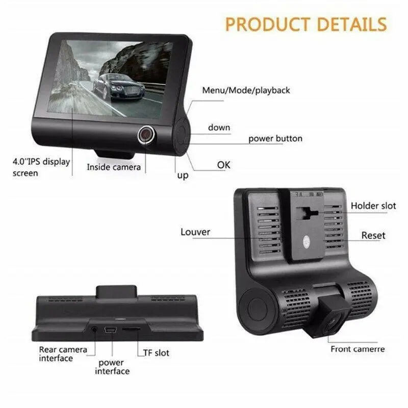 1080P HD Car Dash Cam 4" IPS Screen Front Inside Rear Camera DVR Video Recorder - AllTech
