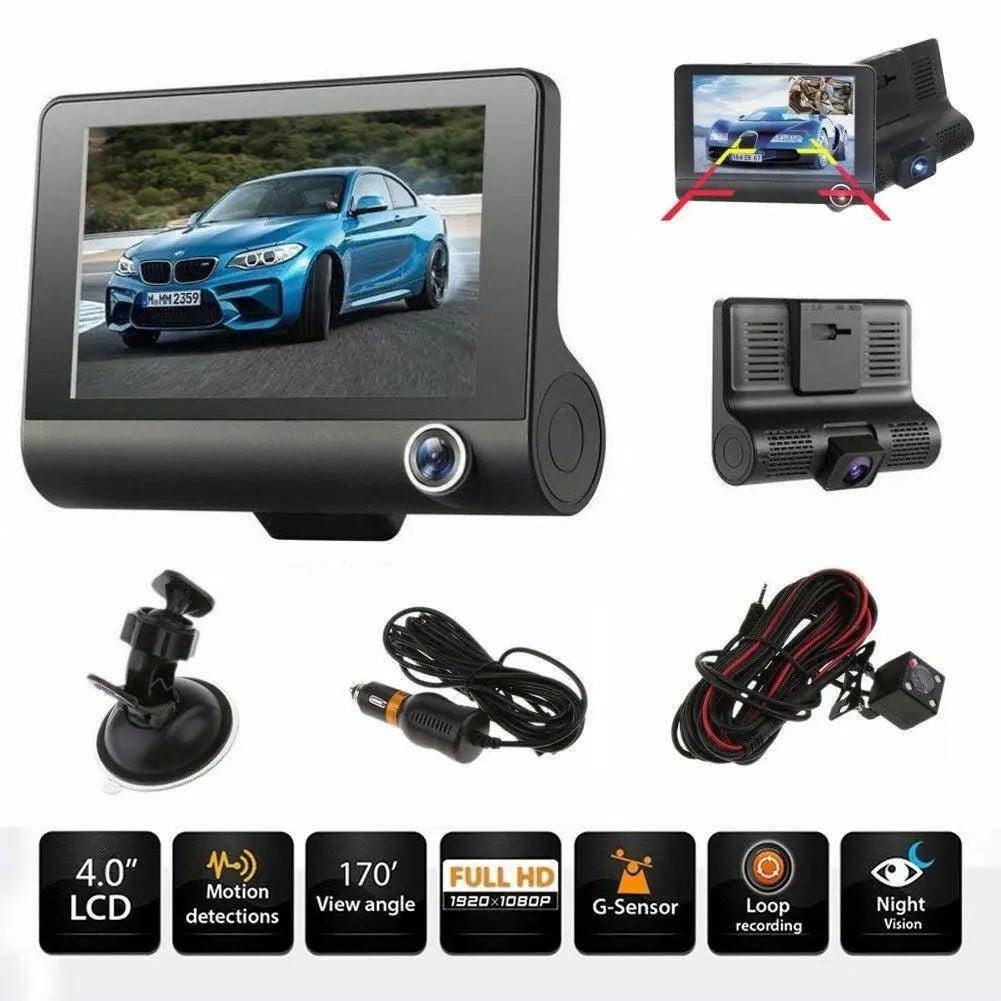 1080P HD Car Dash Cam 4" IPS Screen Front Inside Rear Camera DVR Video Recorder - AllTech