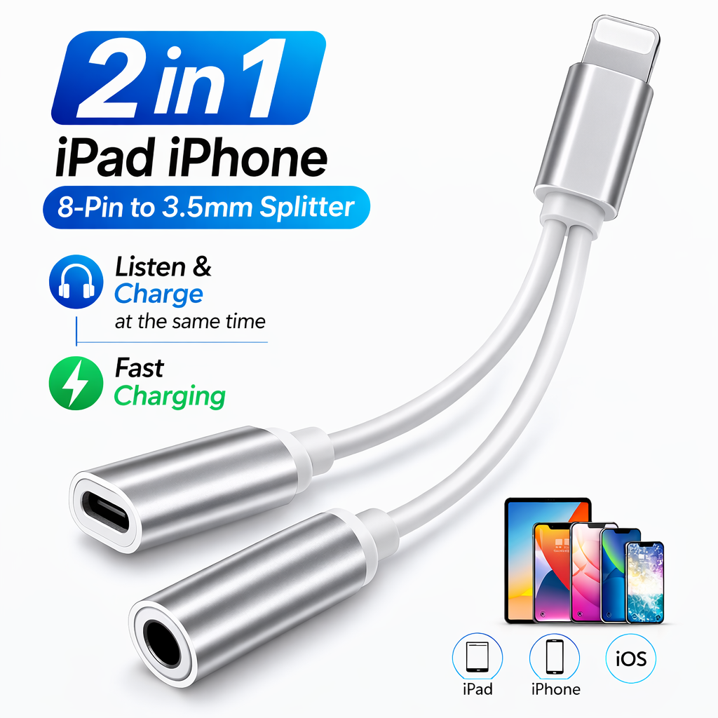 iPhone iPad 8-Pin to 3.5mm Splitter Headphone Audio Adapter Charge Cable