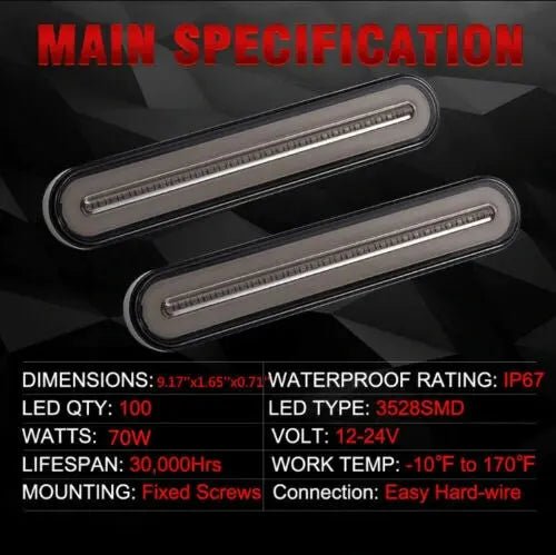 2x Halo Neon 100LED Rear Tail Break Stop Light Flowing Turn Signal Trailer Truck - AllTech