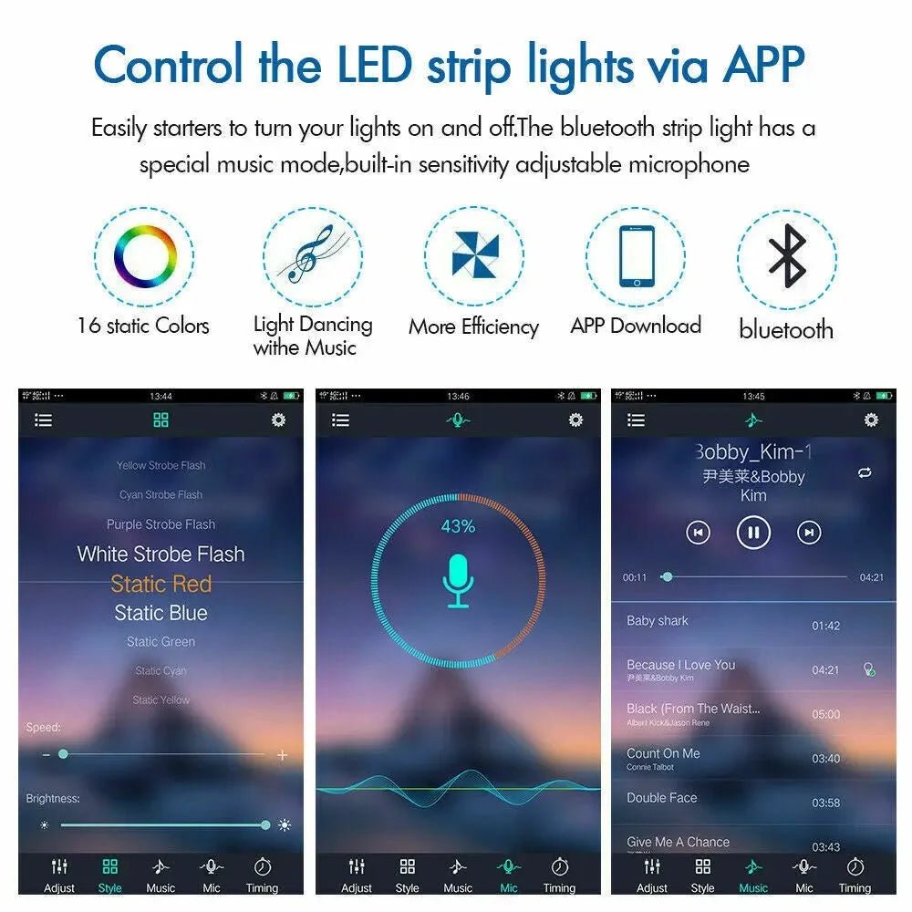 5V USB LED RGB Strip Lights 1M - 5M IP65 Waterproof with Bluetooth App Control - AllTech