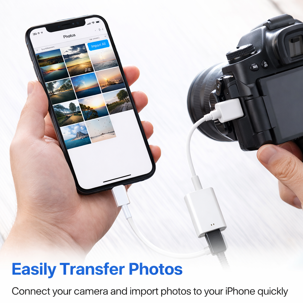 Lightning to USB Camera Adapter Compatible with iPhone 14 13 12 11 X XR XS 8 7 & iPad – OTG Plug and Play