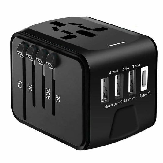 Universal Travel Adapter 4 USB 2.4A Charger with EU AU US UK AC Wall Plug Power