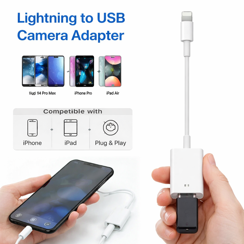 Lightning to USB Camera Adapter Compatible with iPhone 14 13 12 11 X XR XS 8 7 & iPad – OTG Plug and Play