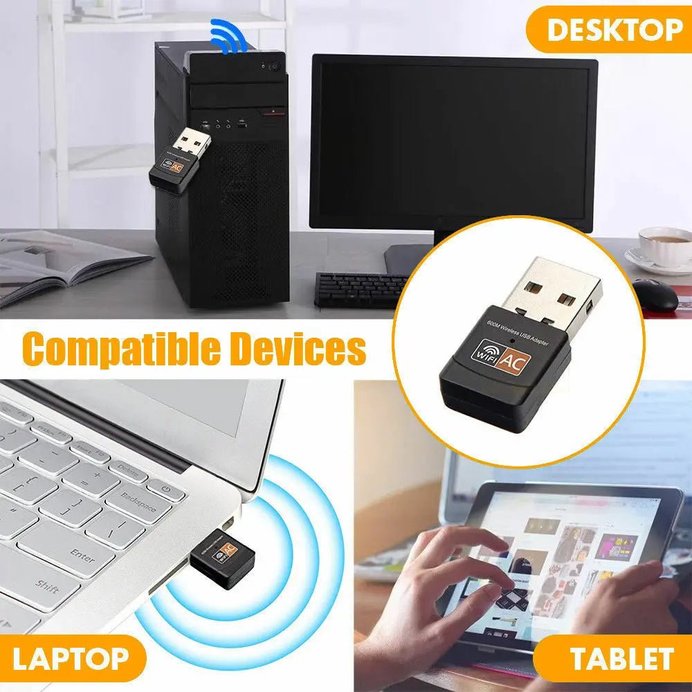 AC600 Dual Band WIFI Adapter USB Wireless Dongle Lan Network 600Mbps 2.4GHz 5GHz - AllTech