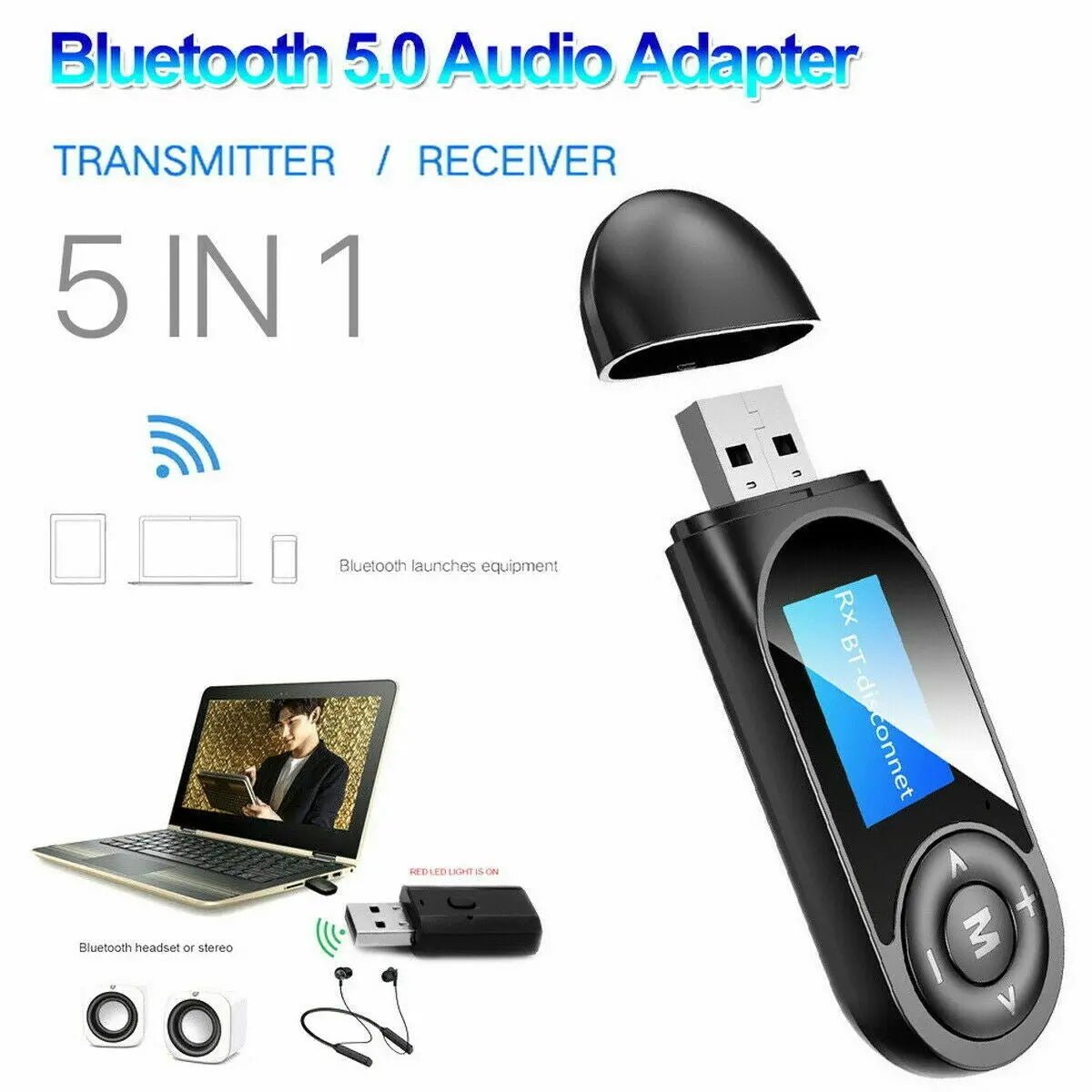 Bluetooth 5.0 Transmitter Receiver USB Audio Adapter AUX 3.5mm TV CAR PC Speaker - AllTech
