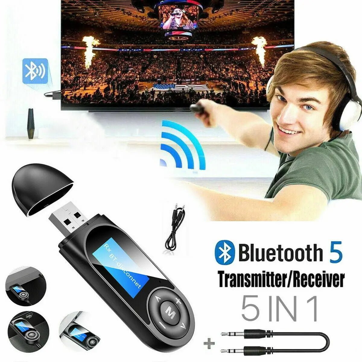 Bluetooth 5.0 Transmitter Receiver USB Audio Adapter AUX 3.5mm TV CAR PC Speaker - AllTech