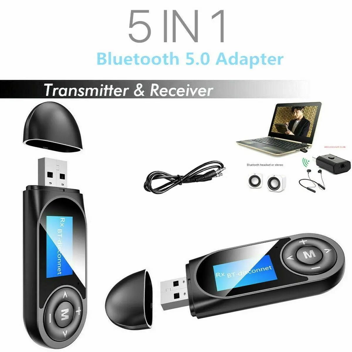 Bluetooth 5.0 Transmitter Receiver USB Audio Adapter AUX 3.5mm TV CAR PC Speaker - AllTech