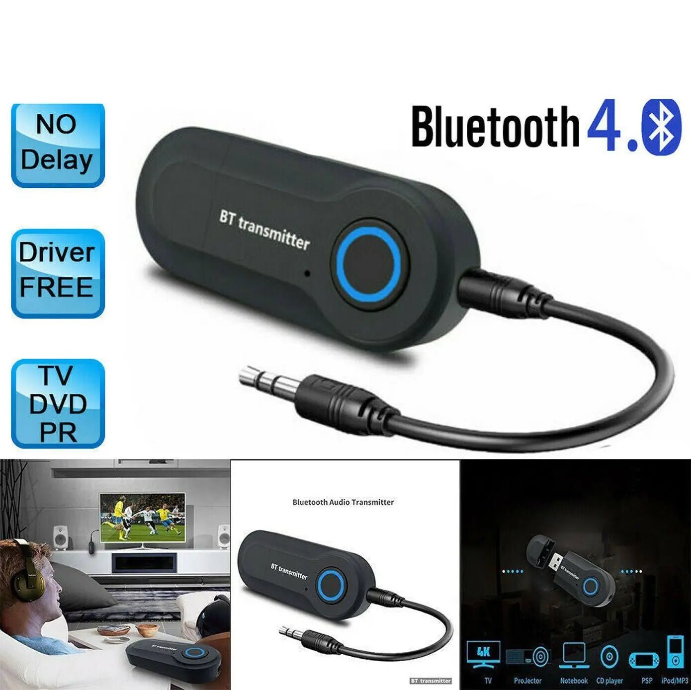Bluetooth Audio Wireless Receiver Transmitter 3.5mm AUX Adapter for PC/TV/Car - AllTech