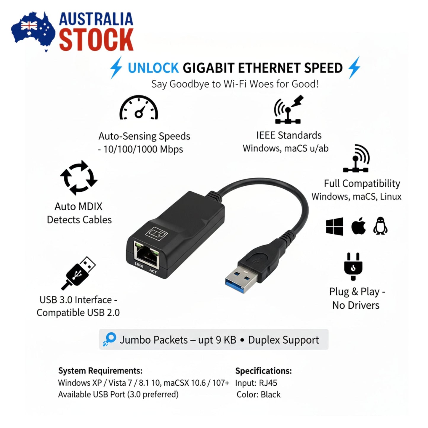 Gigabit Speed USB 3.0 to RJ45 LAN Adapter – High - Speed 1000Mbps Ethernet Converter (AU) - AllTech