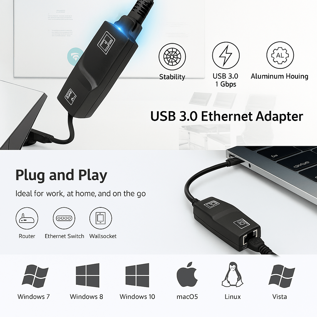 Gigabit Speed USB 3.0 to RJ45 LAN Adapter – High - Speed 1000Mbps Ethernet Converter (AU) - AllTech