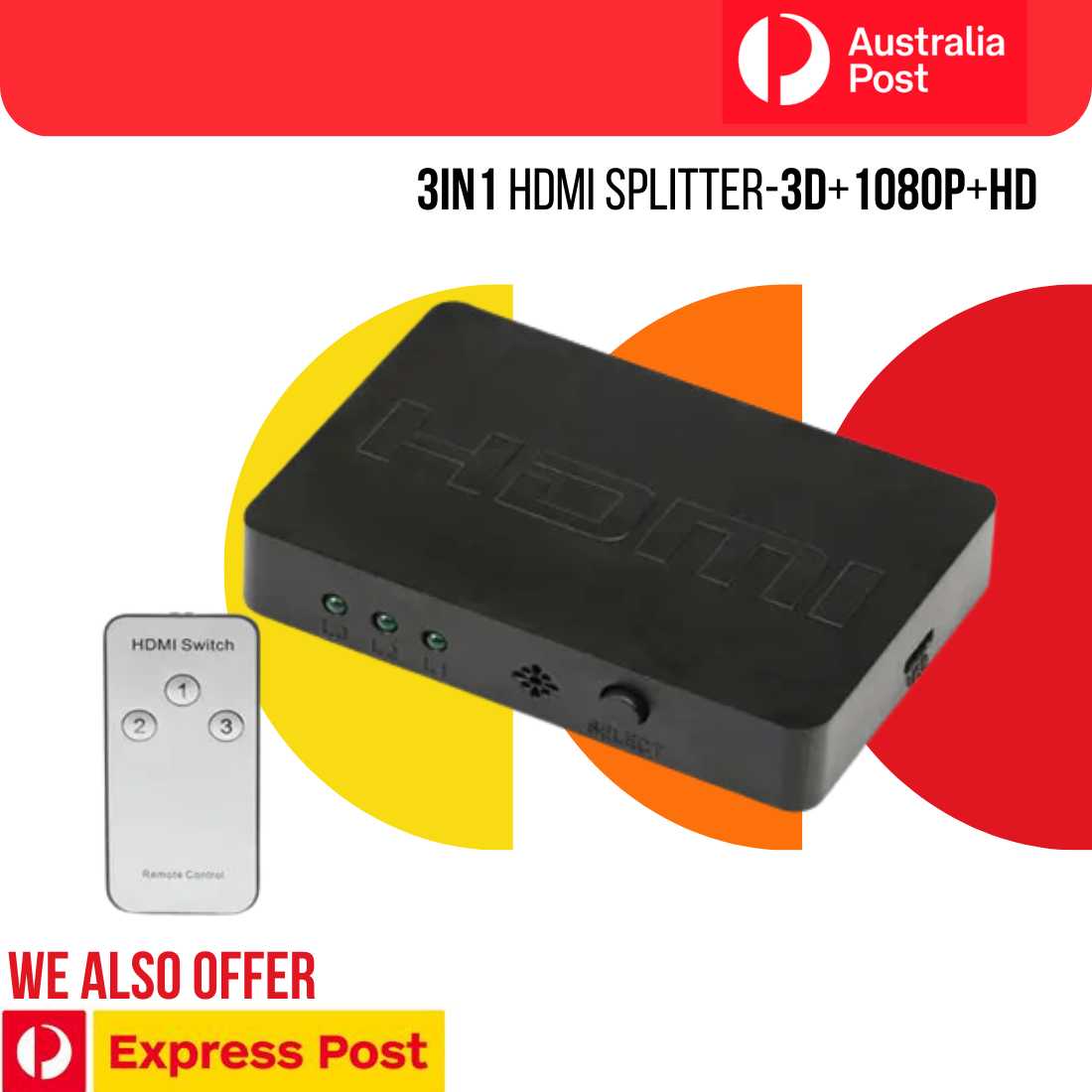 HDMI Splitter 3 Port Hub Box Auto Switch 3 In 1 Out Switcher 3D 1080p HD - AllTech