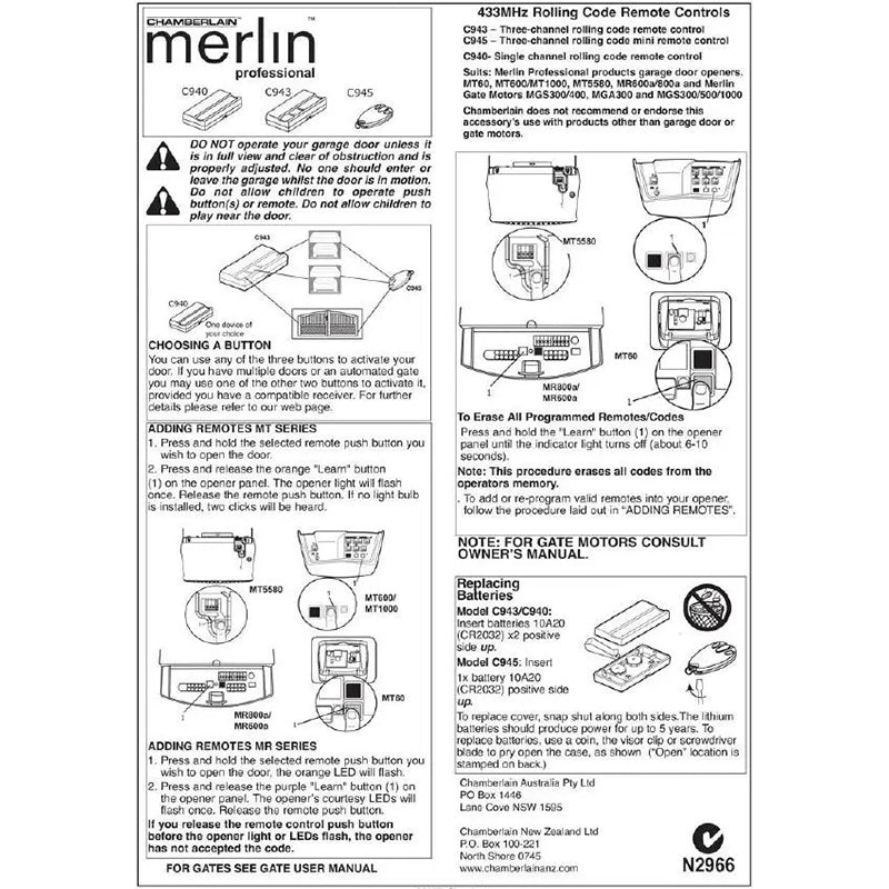 Merlin 2.0 C945 CM842 C940 C943 Bear Claw Garage Replacement Remote Control - AllTech