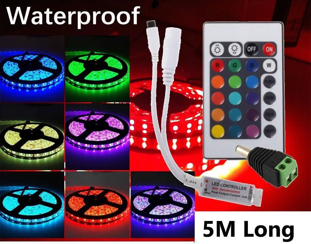 RGB LED Strip Light 5050 5M 300 LEDS Waterproof 12v Power With 24 Key IR Remote - AllTech