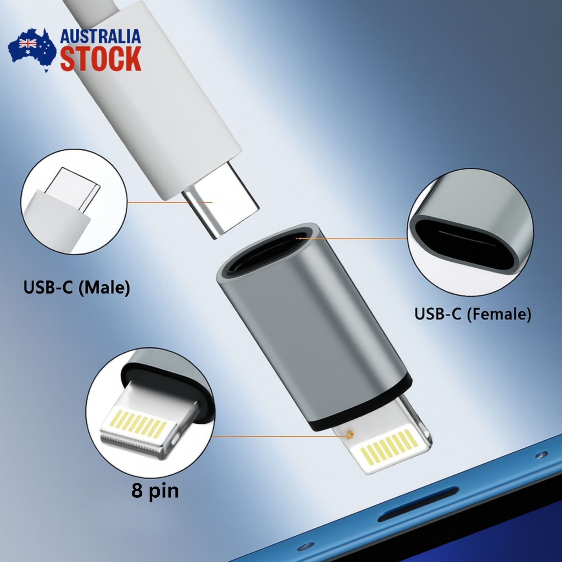 Type - C Female to 8 - Pin Male Adapter Charger Converter Compatible with iPhone iPad AU Stock Black - AllTech