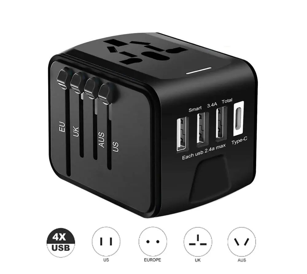Universal Travel Adapter 4 USB 2.4A Charger with EU AU US UK AC Wall Plug Power - AllTech