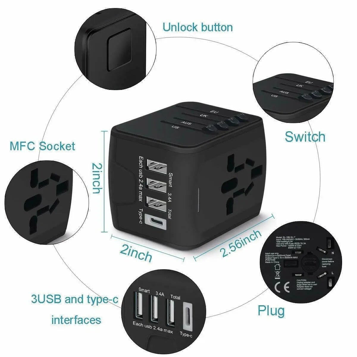 Universal Travel Adapter 4 USB 2.4A Charger with EU AU US UK AC Wall Plug Power - AllTech