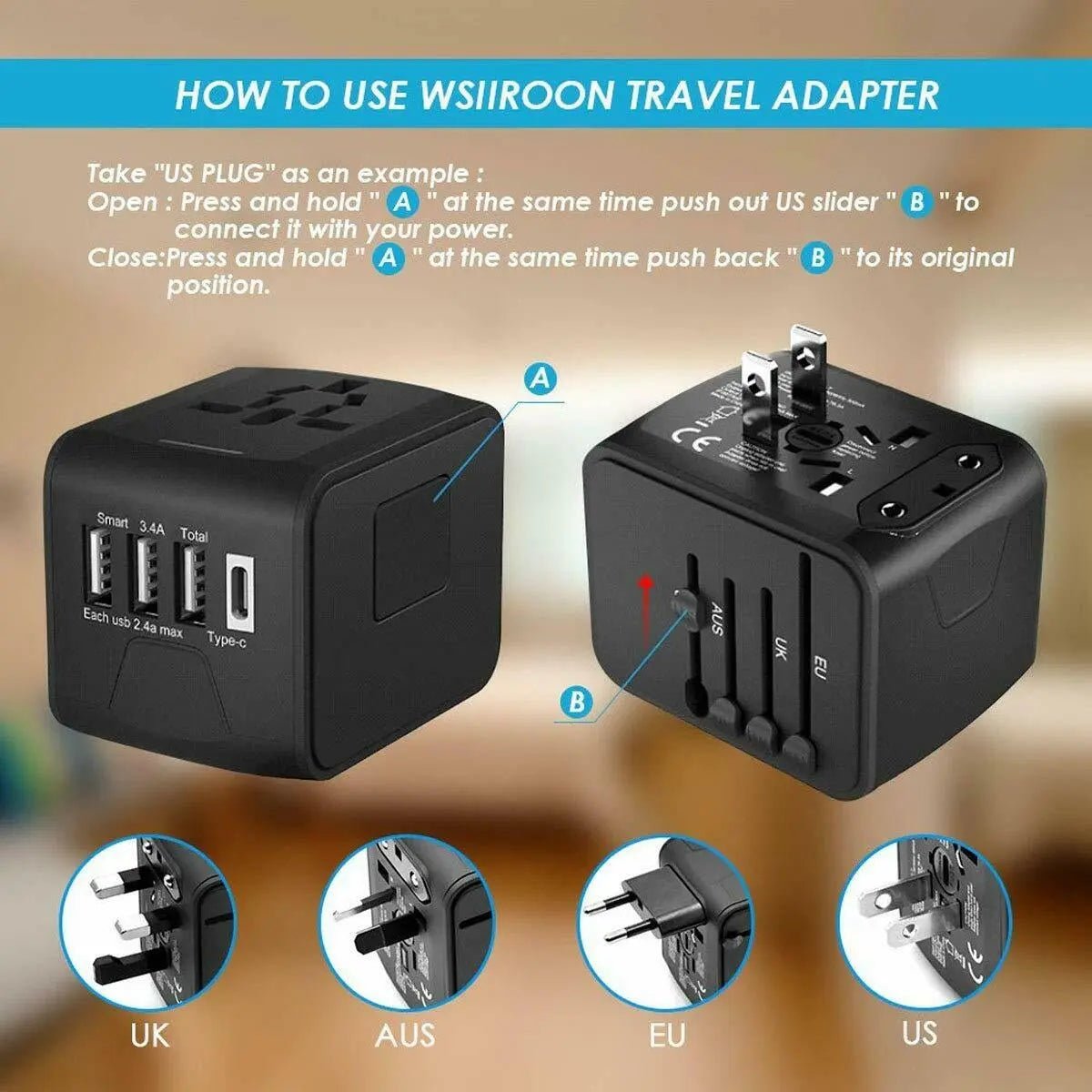 Universal Travel Adapter 4 USB 2.4A Charger with EU AU US UK AC Wall Plug Power - AllTech