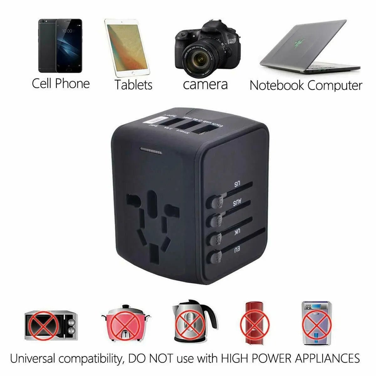 Universal Travel Adapter 4 USB 2.4A Charger with EU AU US UK AC Wall Plug Power - AllTech