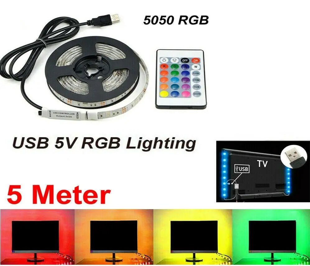 USB RGB LED Strip Light 5050 500CM TV Back LED Color Change with 24 IR Remote - AllTech