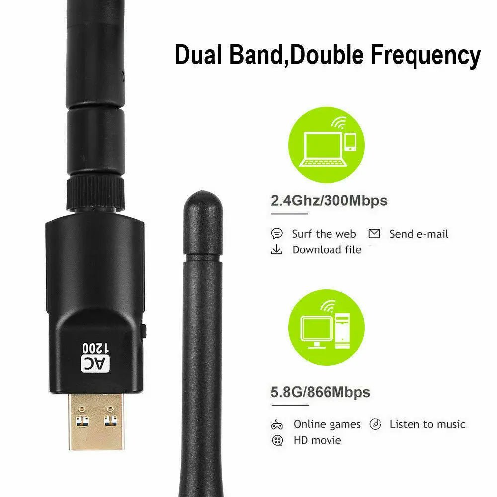 USB Wireless WIFI Adapter AC1200 High Power AC Long Range 802.11AC 5dBi Antenna - AllTech