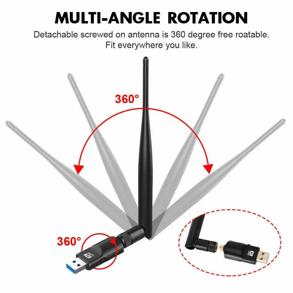 USB Wireless WIFI Adapter AC1200 High Power AC Long Range 802.11AC 5dBi Antenna - AllTech