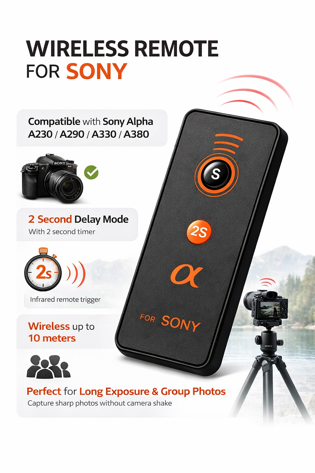 Wireless Shutter Remote for Sony Alpha A230 A290 A330 A380 DSLR  IR Camera Trigger  2s Delay Tripod Photography