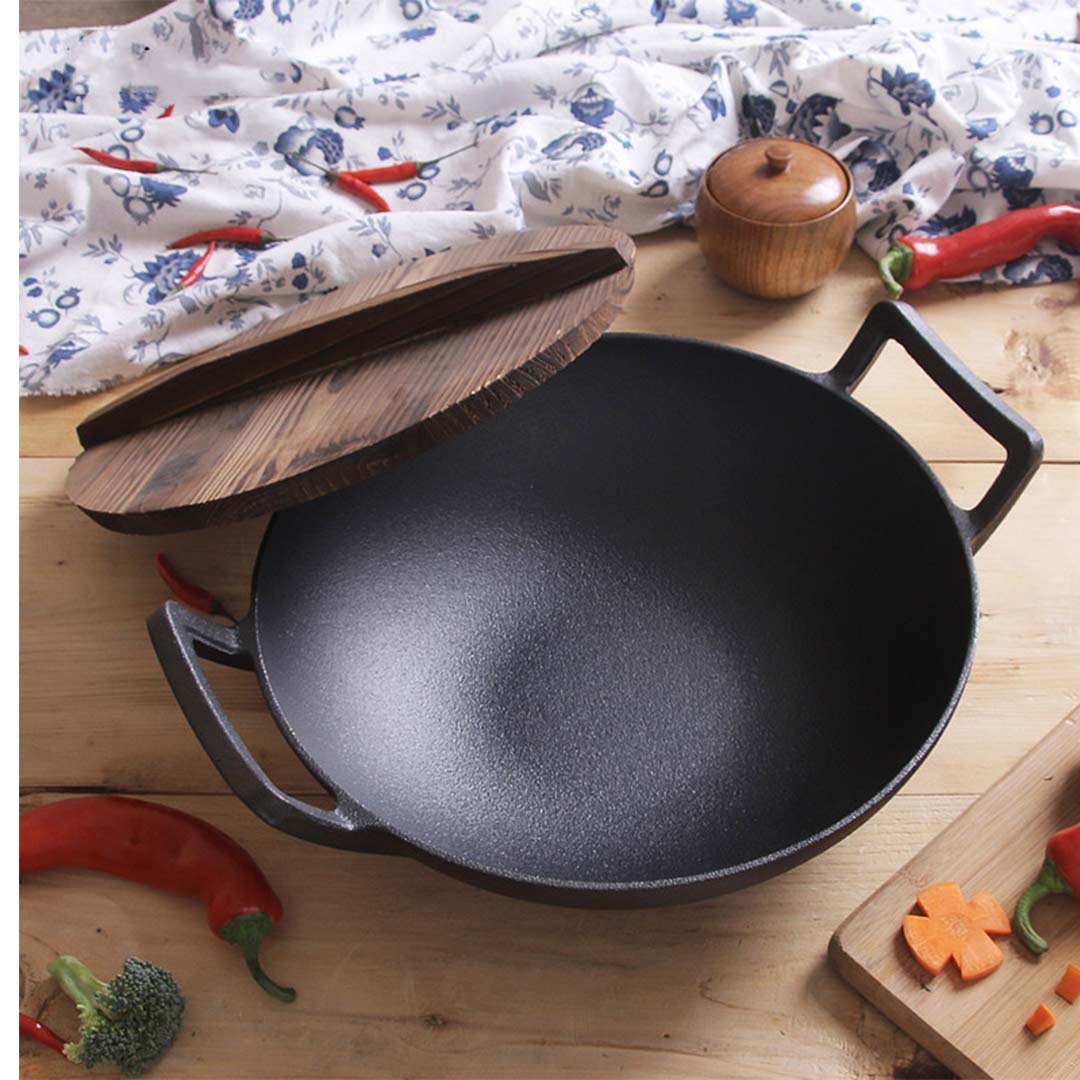 36CM Commercial Cast Iron Wok Fry Pan with Wooden Lid Fry Pan - AllTech