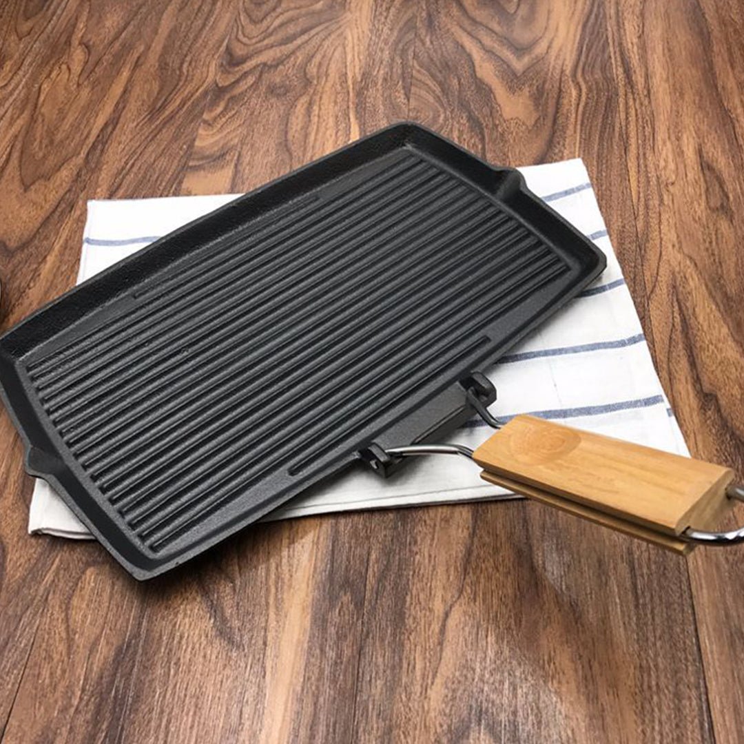 20.5cm Rectangular Cast Iron Griddle Grill Frying Pan with Folding Wooden Handle - AllTech