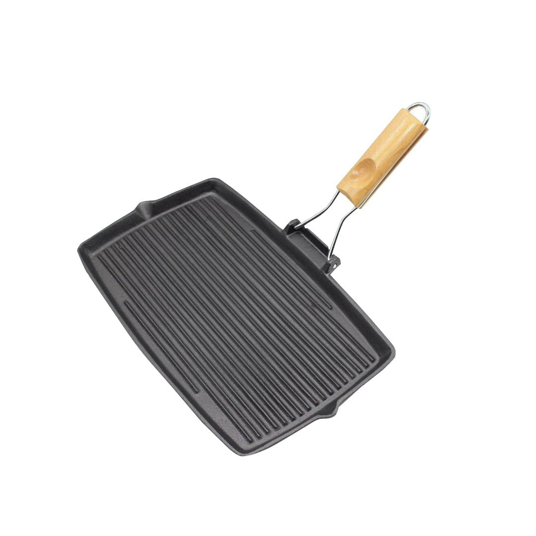 20.5cm Rectangular Cast Iron Griddle Grill Frying Pan with Folding Wooden Handle - AllTech