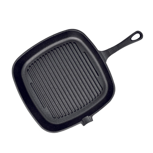 23.5cm Square Ribbed Cast Iron Frying Pan Skillet Steak Sizzle Platter with Handle - AllTech