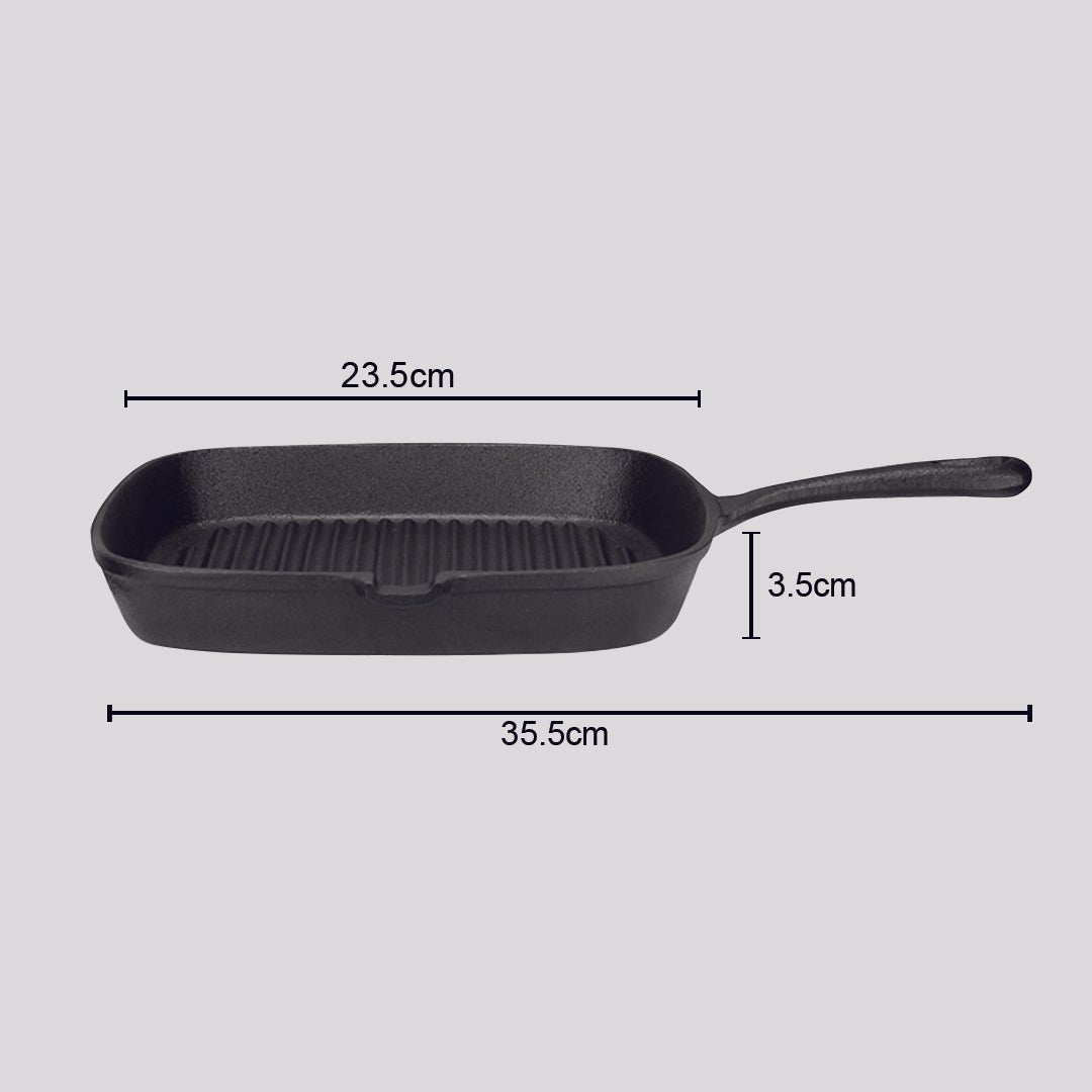 23.5cm Square Ribbed Cast Iron Frying Pan Skillet Steak Sizzle Platter with Handle - AllTech