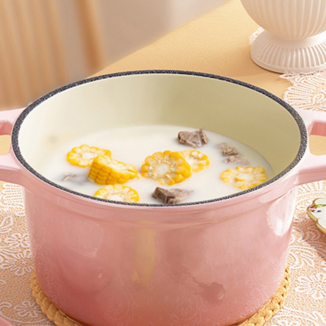26cm Pink Cast Iron Ceramic Stewpot Casserole Stew Cooking Pot With Lid - AllTech