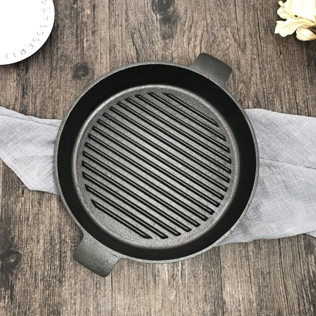 26cm Round Ribbed Cast Iron Frying Pan Skillet Steak Sizzle Platter with Handle - AllTech