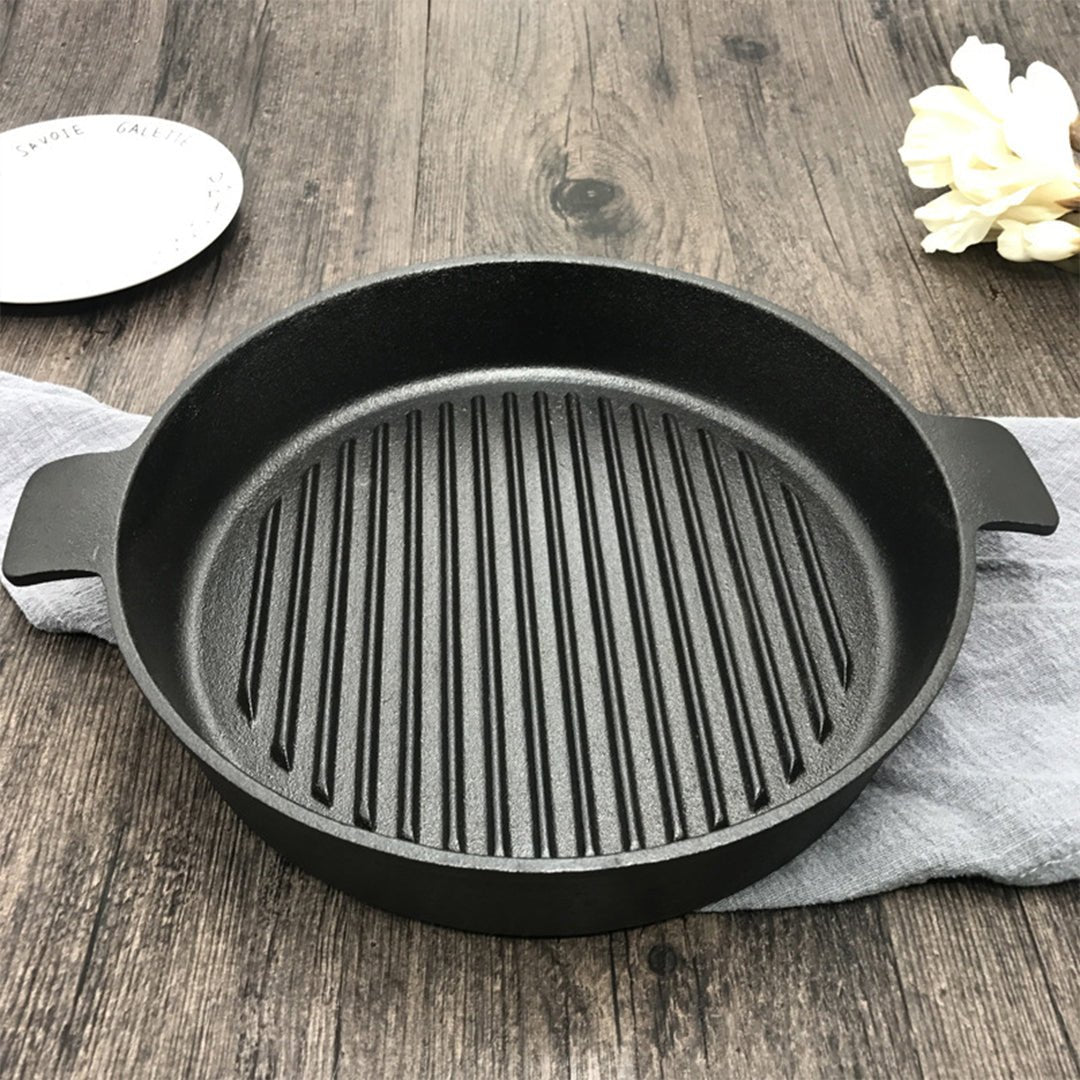 26cm Round Ribbed Cast Iron Frying Pan Skillet Steak Sizzle Platter with Handle - AllTech