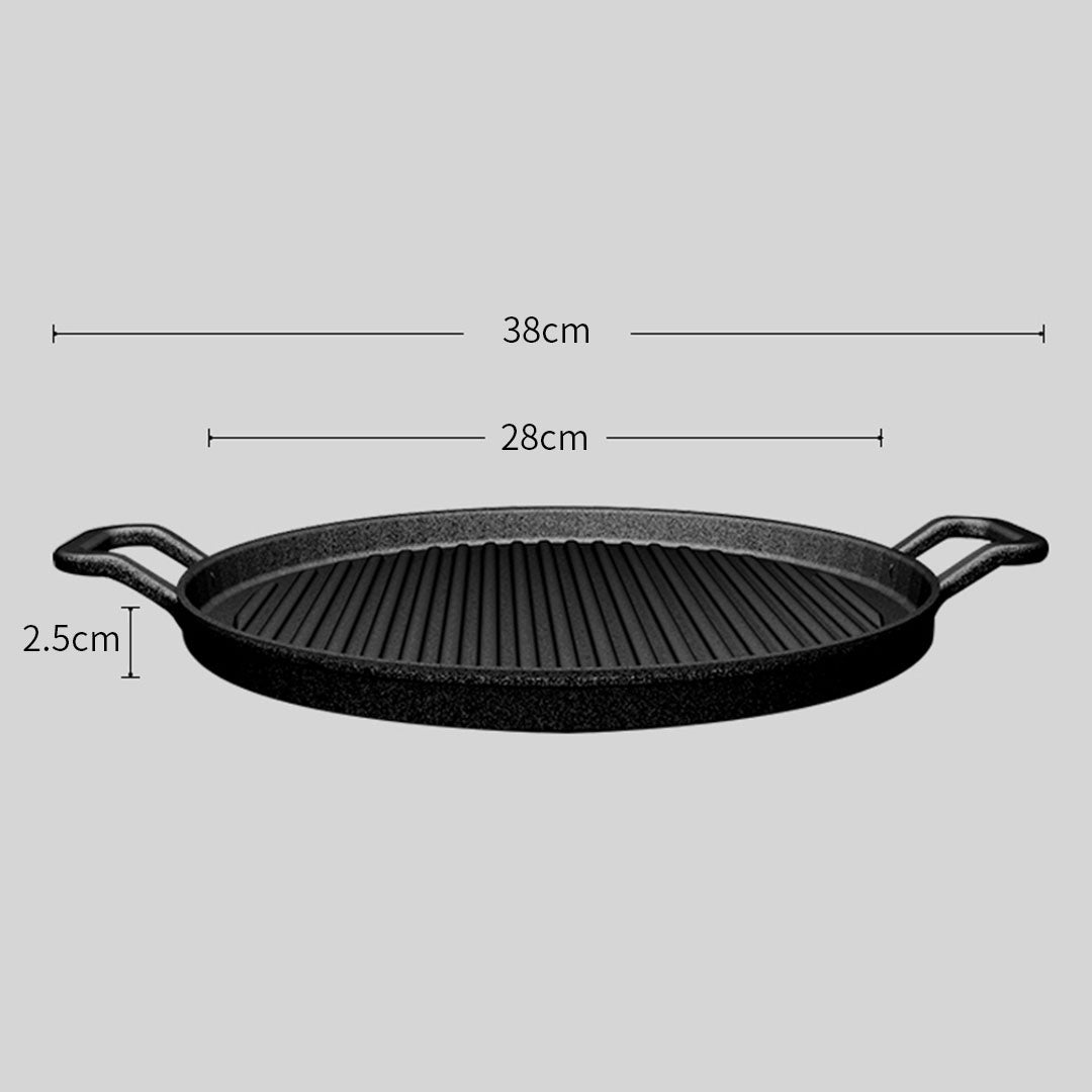 28cm Ribbed Cast Iron Frying Pan Skillet Coating Steak Sizzle Platter - AllTech