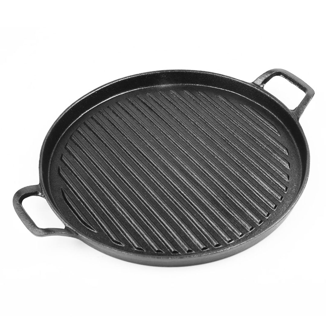 28cm Ribbed Cast Iron Frying Pan Skillet Coating Steak Sizzle Platter - AllTech