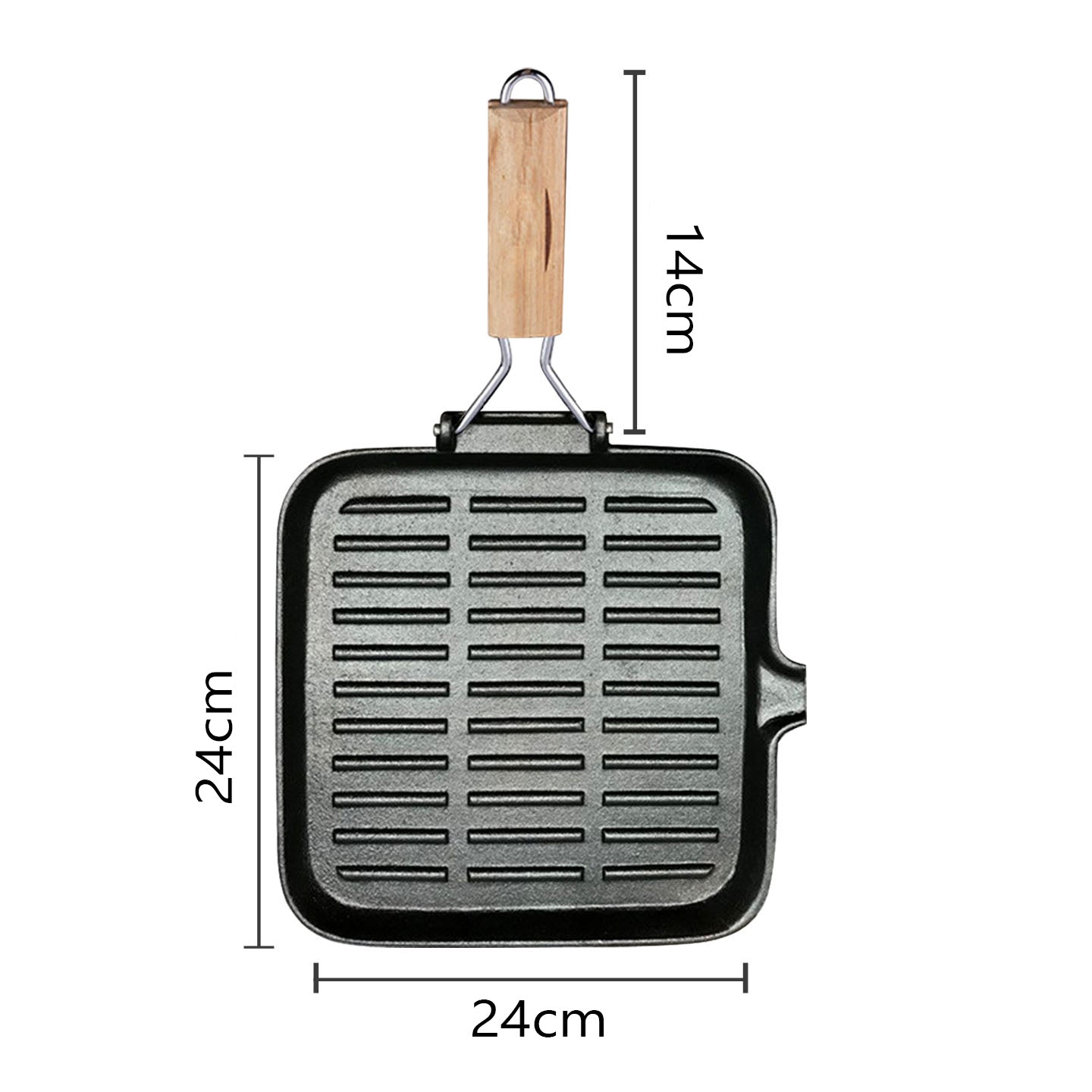 28cm Ribbed Cast Iron Square Steak Frying Grill Skillet Pan with Folding Wooden Handle - AllTech
