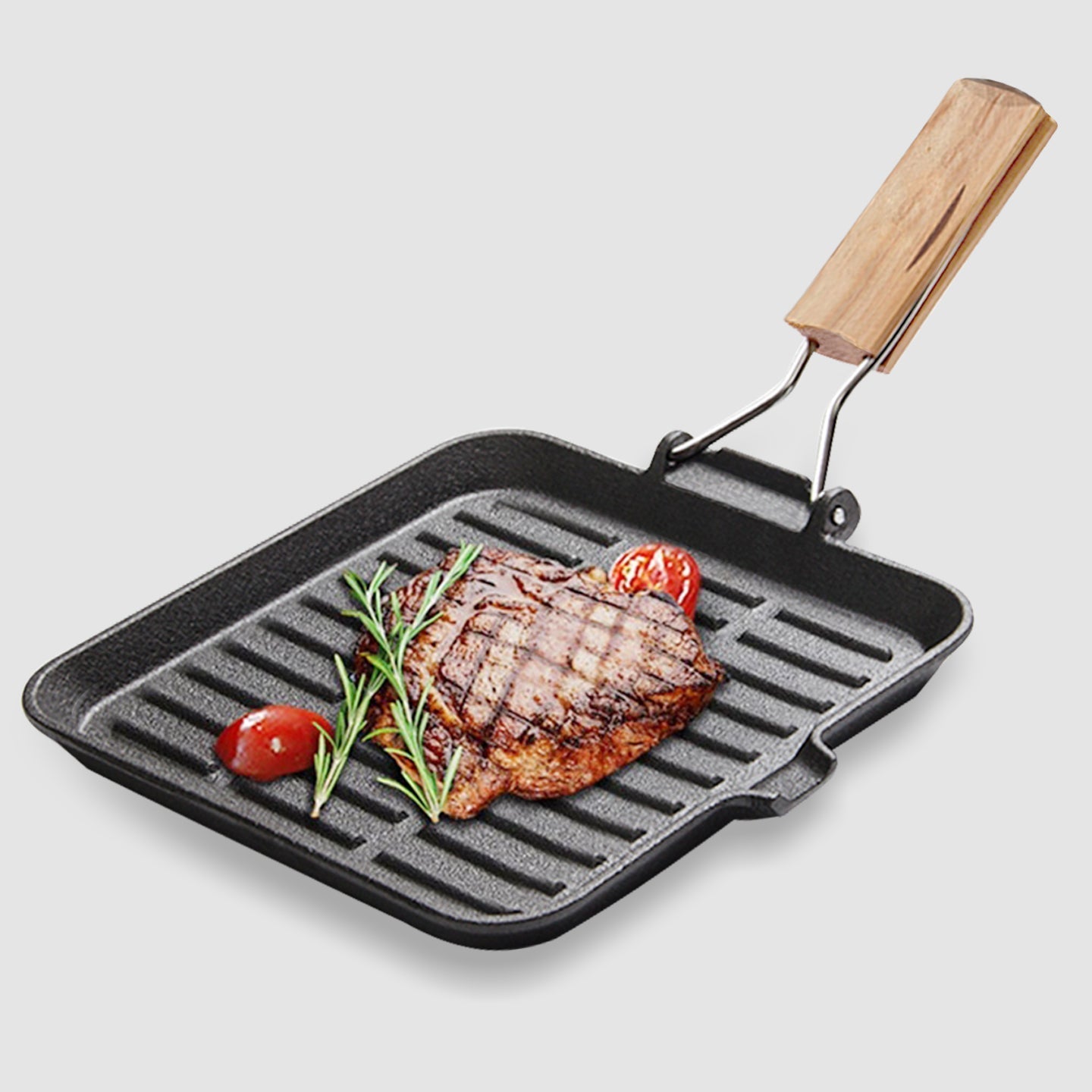 28cm Ribbed Cast Iron Square Steak Frying Grill Skillet Pan with Folding Wooden Handle - AllTech