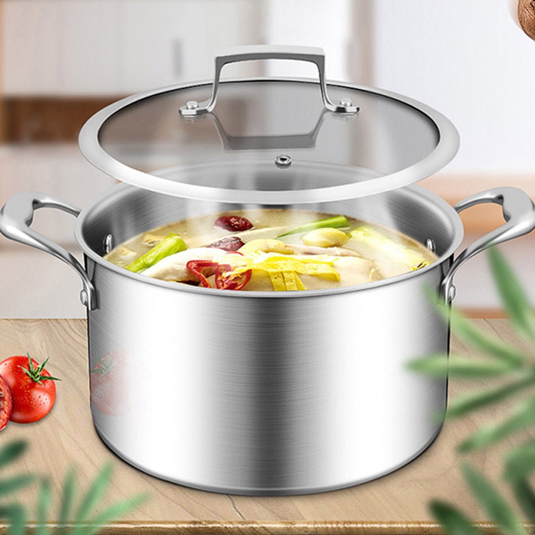 28cm Stainless Steel Soup Pot Stock Cooking Stockpot Heavy Duty Thick Bottom with Glass Lid - AllTech