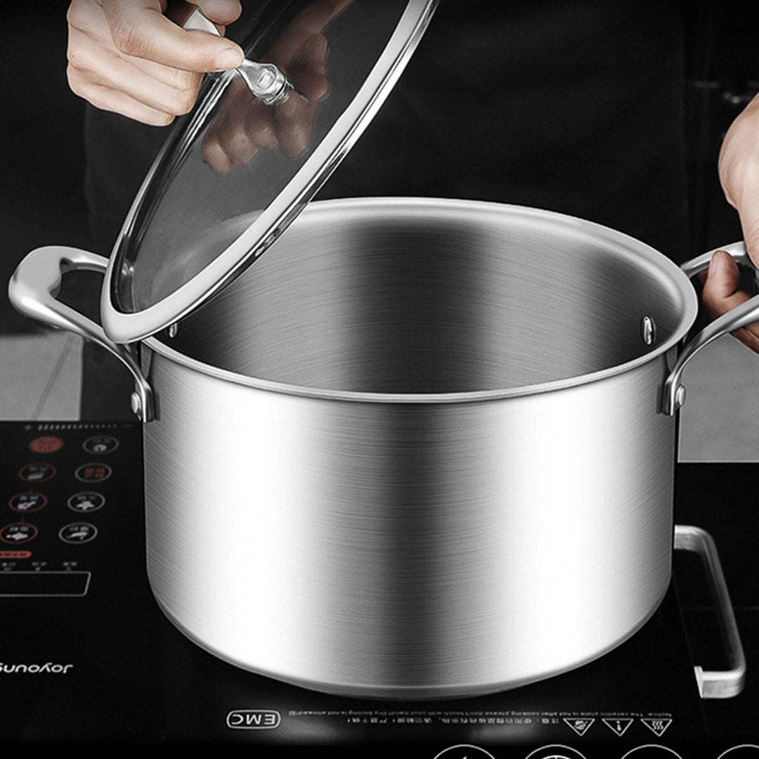 28cm Stainless Steel Soup Pot Stock Cooking Stockpot Heavy Duty Thick Bottom with Glass Lid - AllTech