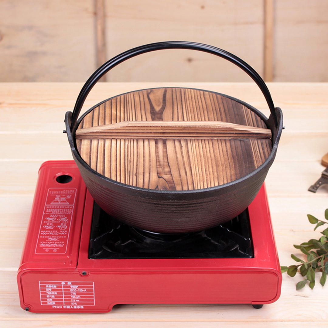 29cm Cast Iron Japanese Style Sukiyaki Tetsu Nabe Shabu Hot Pot with Wooden Lid - AllTech