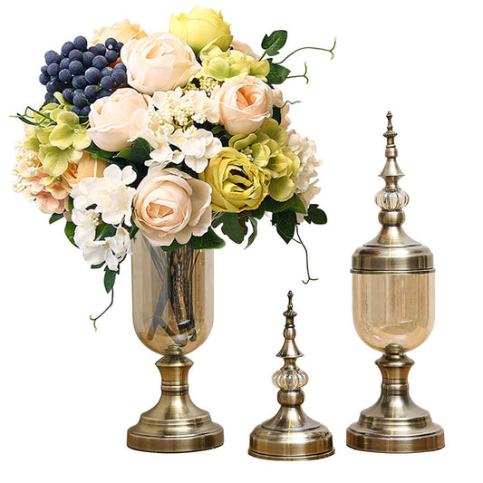 2X Clear Glass Flower Vase with Lid and White Flower Filler Vase Bronze Set - AllTech