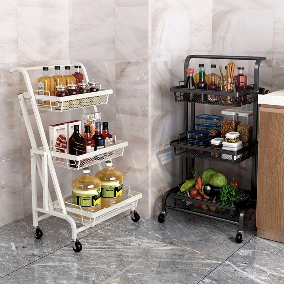 3 Tier Steel White Adjustable Kitchen Cart Multi-Functional Shelves Portable Storage Organizer with Wheels - AllTech