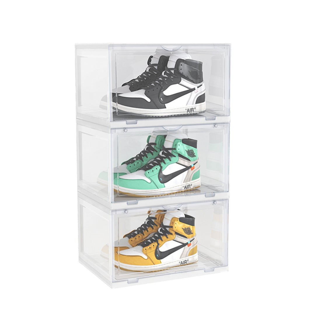 3 Tier Transparent Portable Shoe Organiser Sneaker Footwear Folding Plastic Bin Stackable Storage Box with Magnetic Door