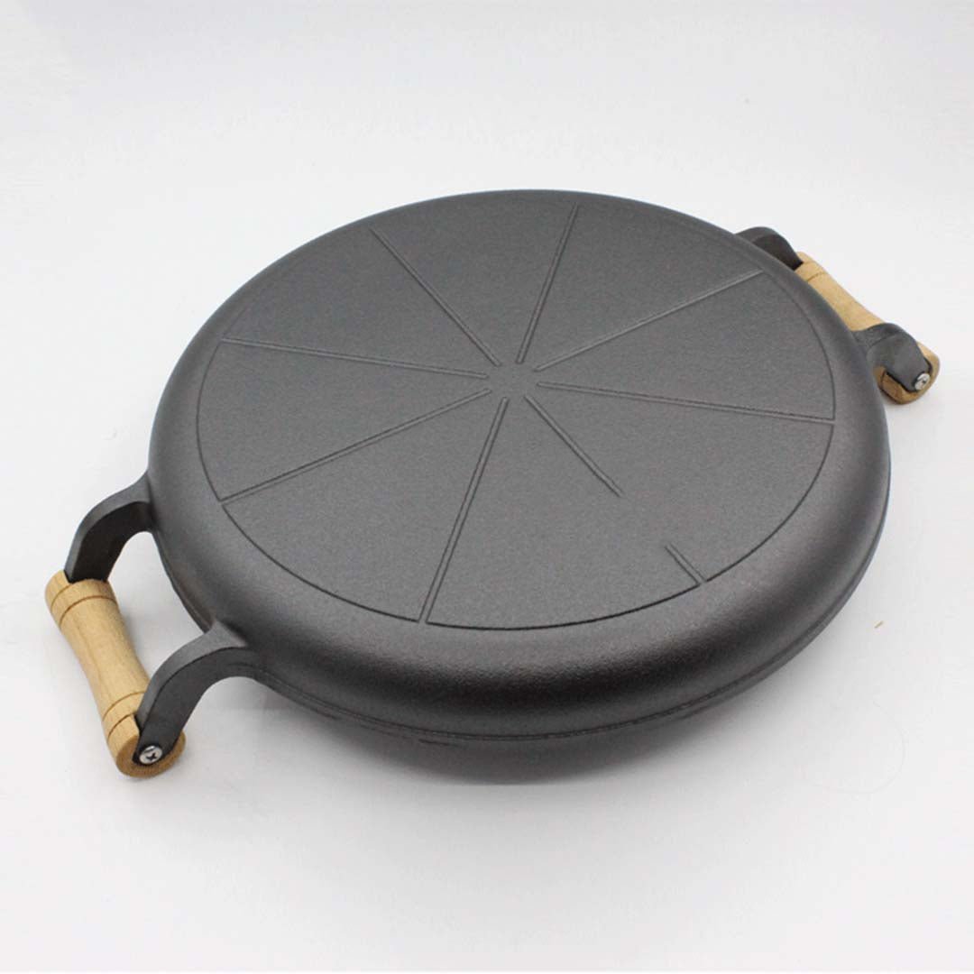 31cm Cast Iron Frying Pan Skillet Steak Sizzle Fry Platter With Wooden Handle No Lid - AllTech